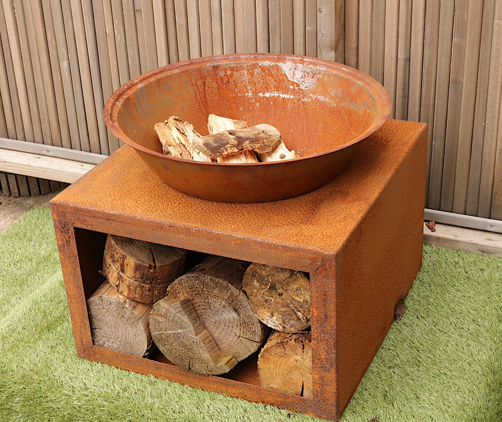 Barbeque Fire Pit & Log Store - 3 in 1 - Rustic Weathered Steel
