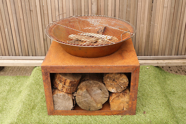 Barbeque Fire Pit & Log Store - 3 in 1 - Rustic Weathered Steel